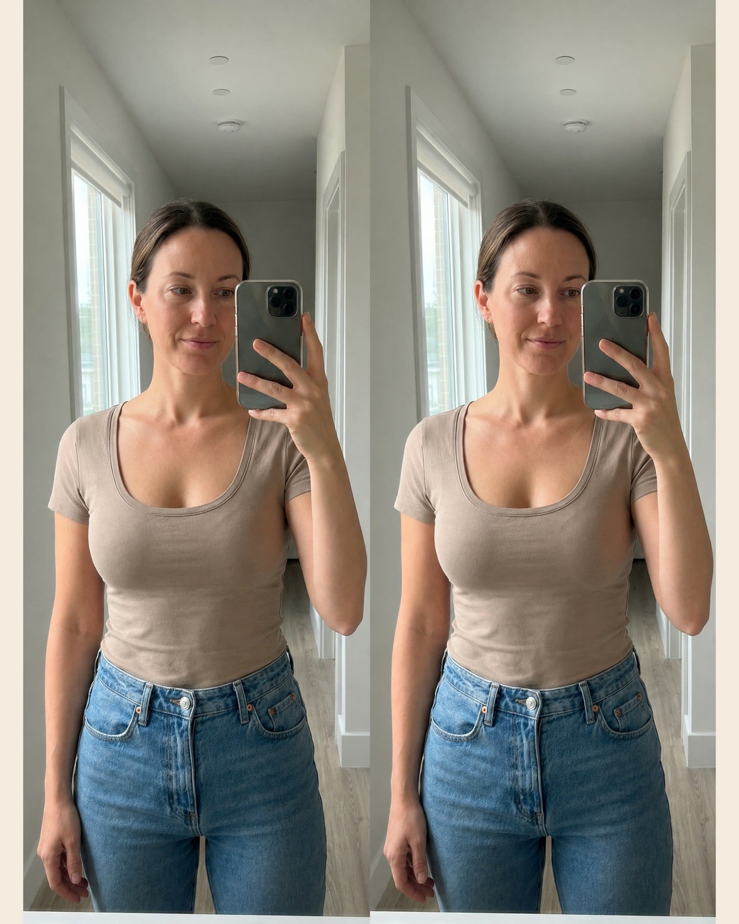 Nubare — fitted tee, without then with