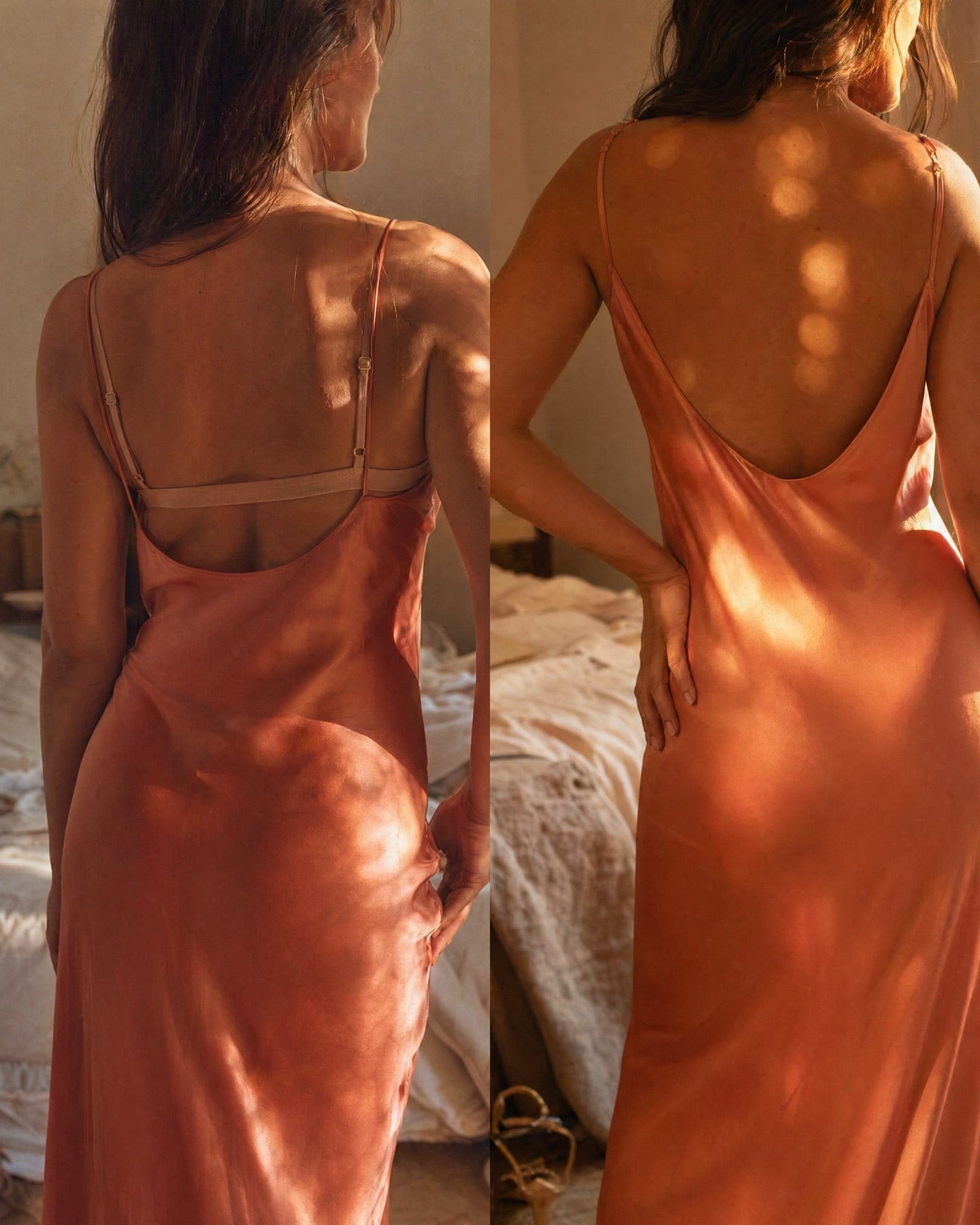 Nubare — silk slip dress, bra band visible without, clean drape with