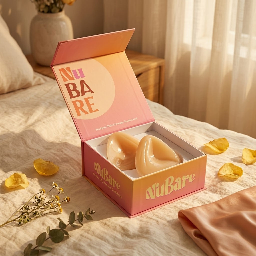 Nubare gift box, opened — inserts in coral velvet cradle