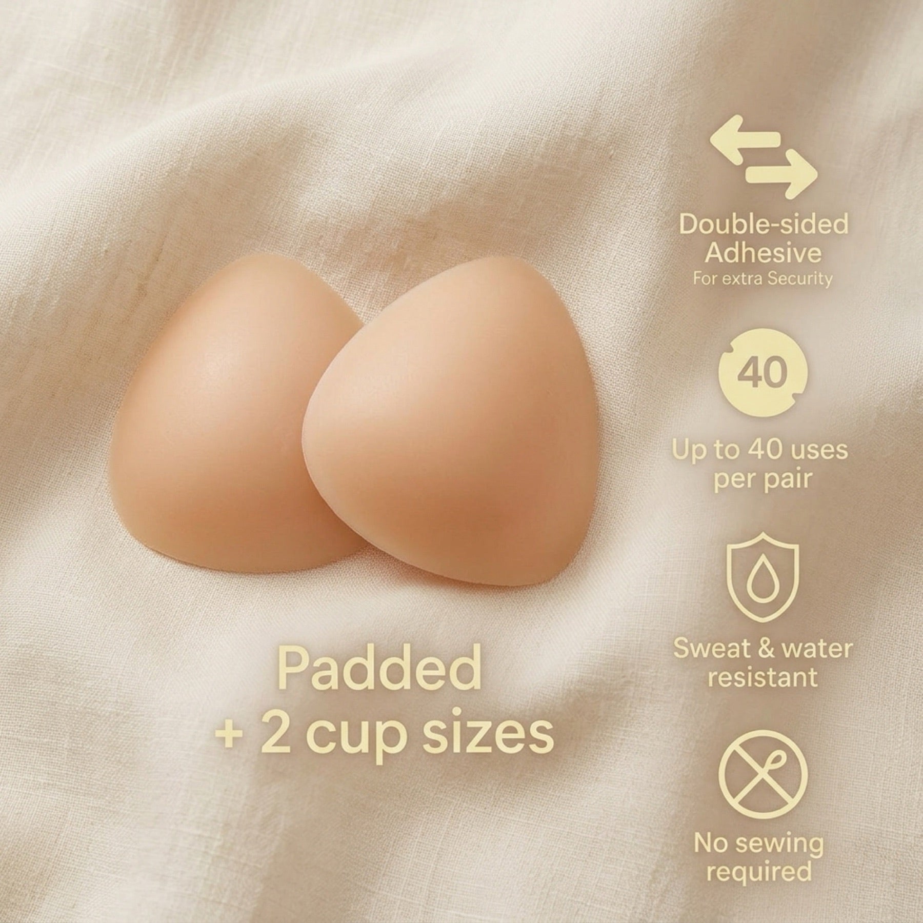 Nubare product stats — 30 wears, sized A through E, six-hour hold, skin-safe adhesive